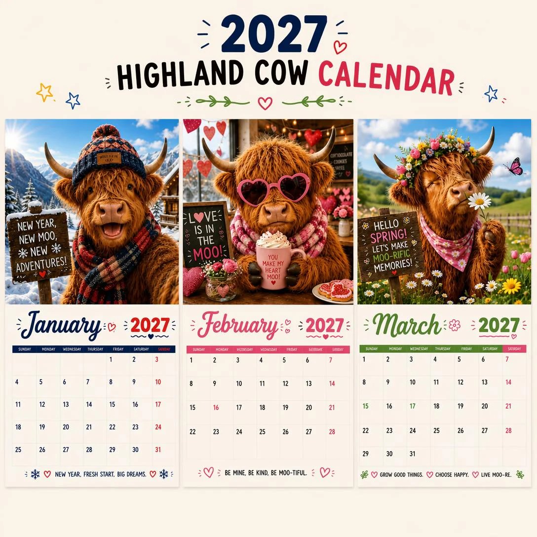2027 Funny Highland Cow Wall Calendar | A4 Hanging Calendar