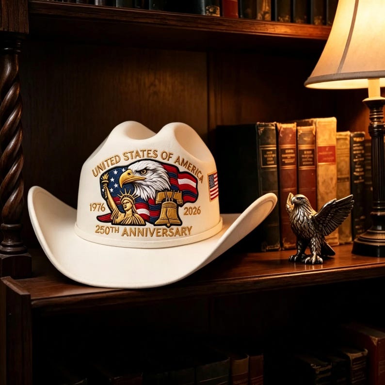 May include: A white cowboy hat featuring a graphic of a bald eagle, the Statue of Liberty, and the Liberty Bell. Text reads UNITED STATES OF AMERICA, 1976, 2026, and 250TH ANNIVERSARY. A small American flag is printed on the side of the hat crown.