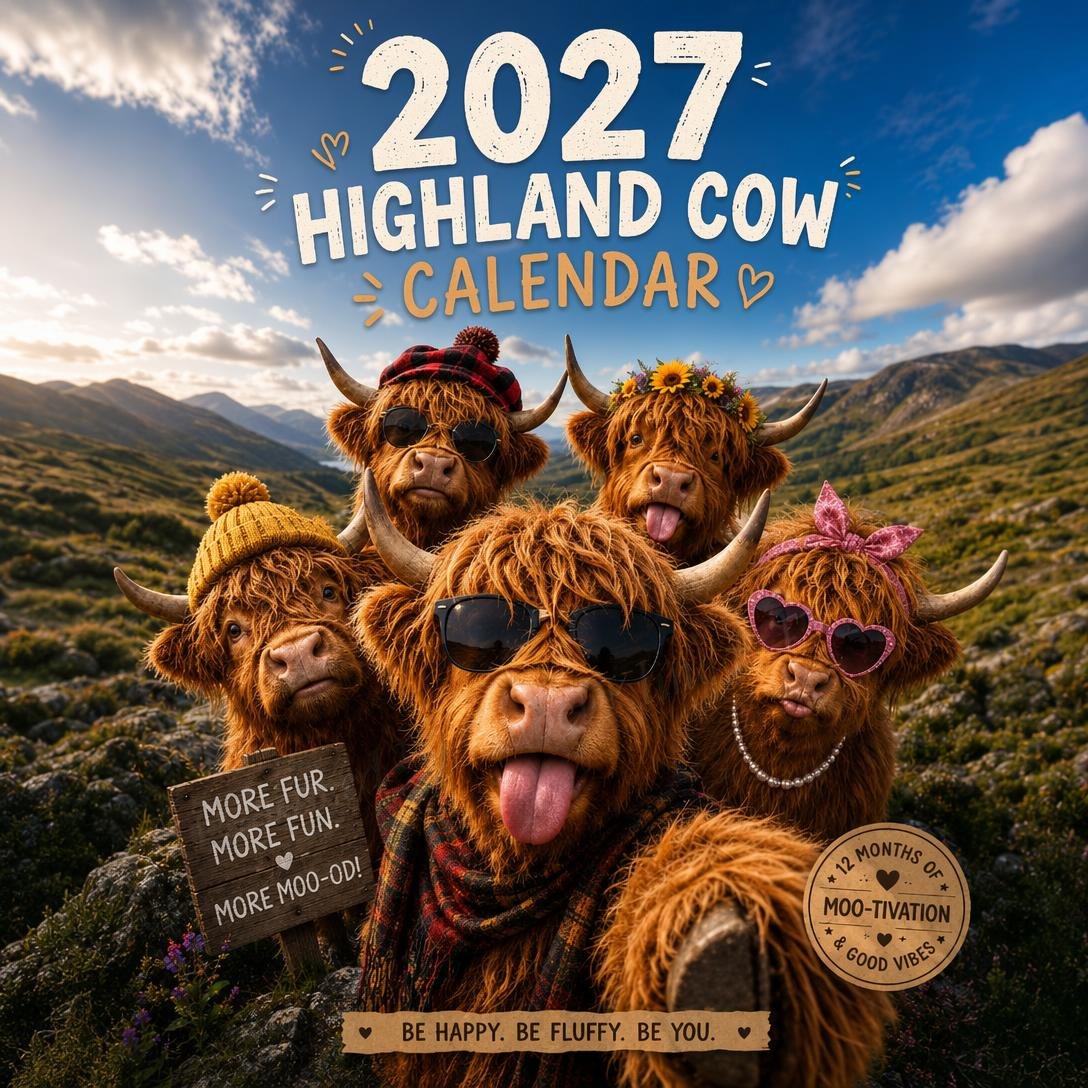 2027 Funny Highland Cow Wall Calendar | A4 Hanging Calendar