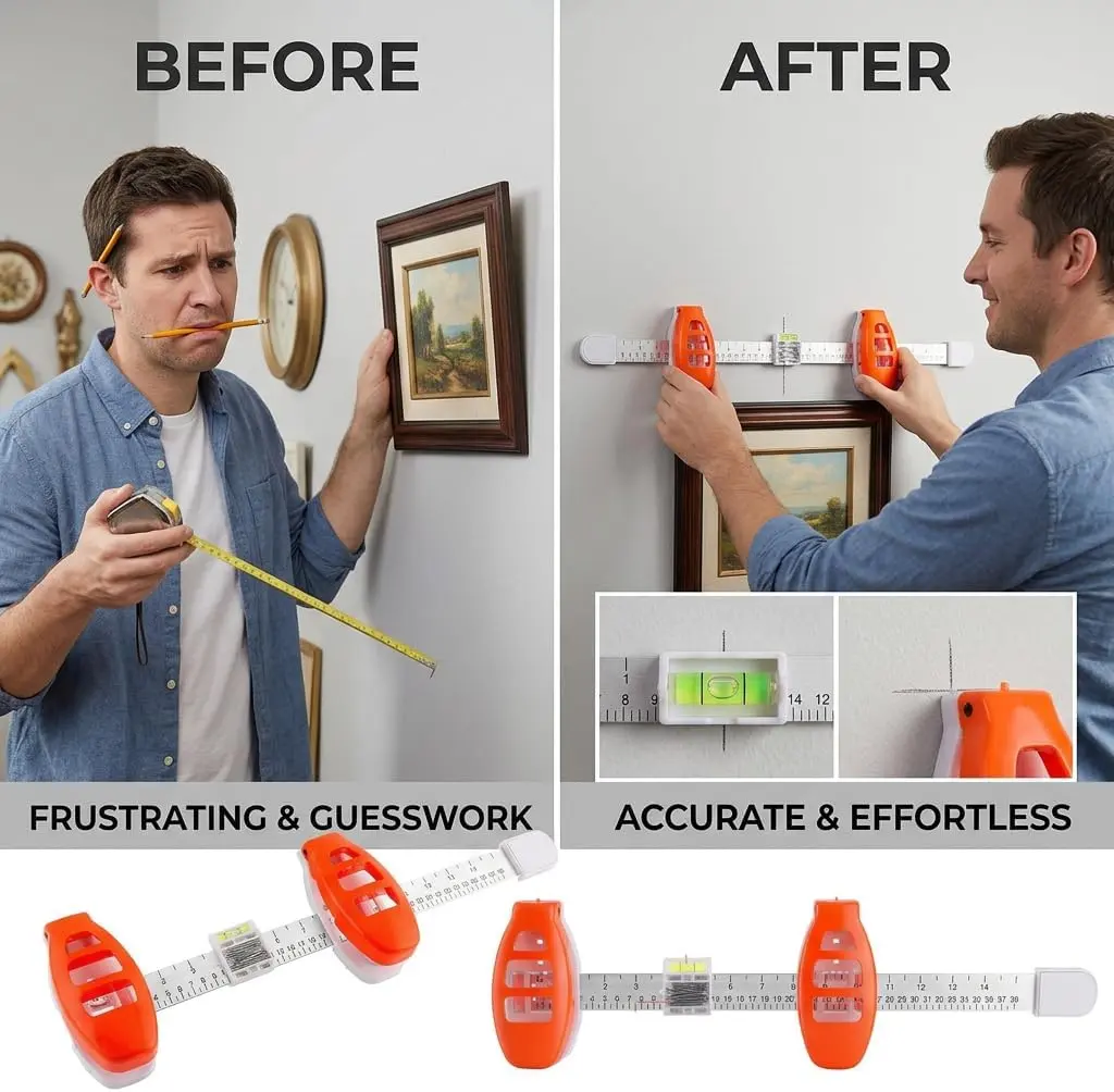 3 In 1 Level Ruler With Nail Pusher For Wall Art Level & Hang Magnetic Ruler – 3-in-1 Picture Hanging Tool With Built-in Level, Nail Pusher & Measuring Guide For Perfect Wall