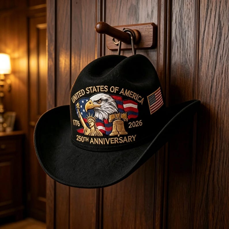 May include: A black cowboy hat featuring an embroidered design of a bald eagle, the Statue of Liberty, and the Liberty Bell. The text reads UNITED STATES OF AMERICA, 1776, 2026, and 250TH ANNIVERSARY, accompanied by a small American flag patch.