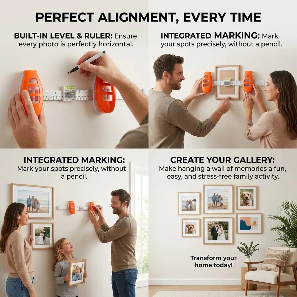 3 In 1 Level Ruler With Nail Pusher For Wall Art Level & Hang Magnetic Ruler – 3-in-1 Picture Hanging Tool With Built-in Level, Nail Pusher & Measuring Guide For Perfect Wall