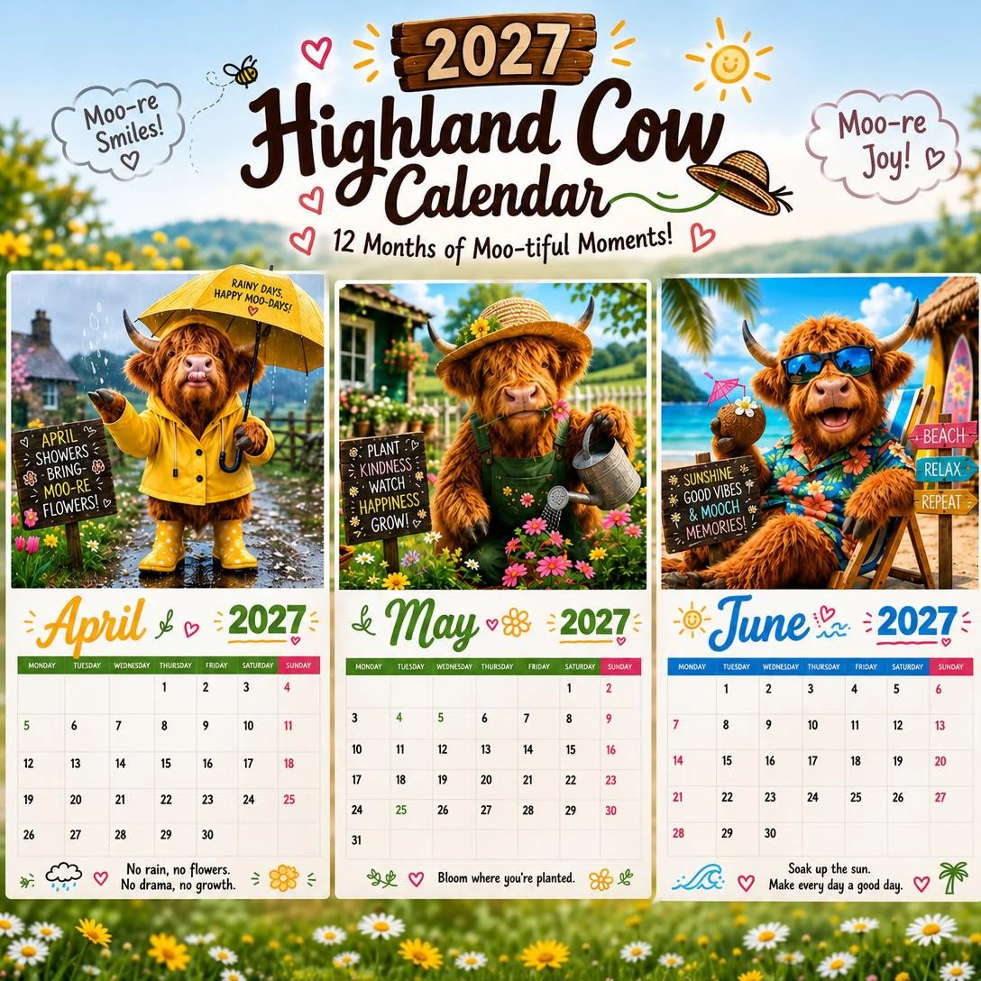 2027 Funny Highland Cow Wall Calendar | A4 Hanging Calendar