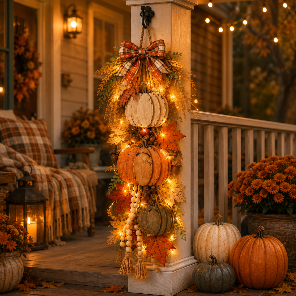 Rustic Wooden Pumpkin Door Hanging with Warm LED Lights