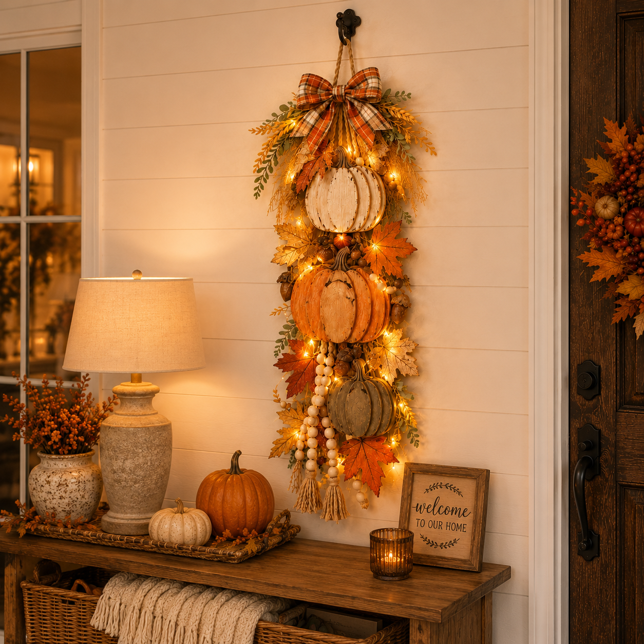 Rustic Wooden Pumpkin Door Hanging with Warm LED Lights