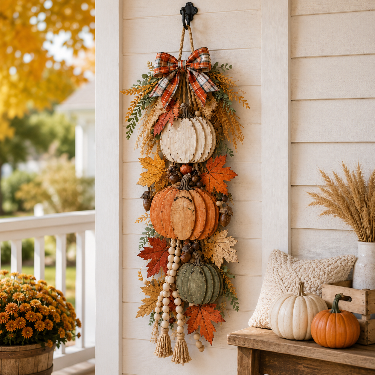 Rustic Wooden Pumpkin Door Hanging with Warm LED Lights