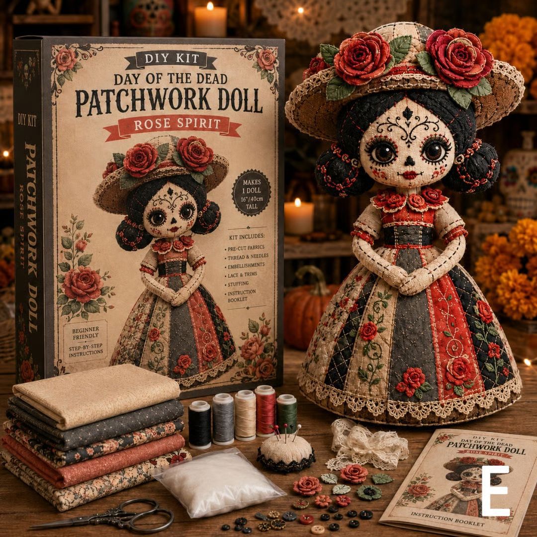 Day of the Dead Patchwork Doll DIY Sewing Kit – Handmade Fabric Doll Making Kit with Floral Details