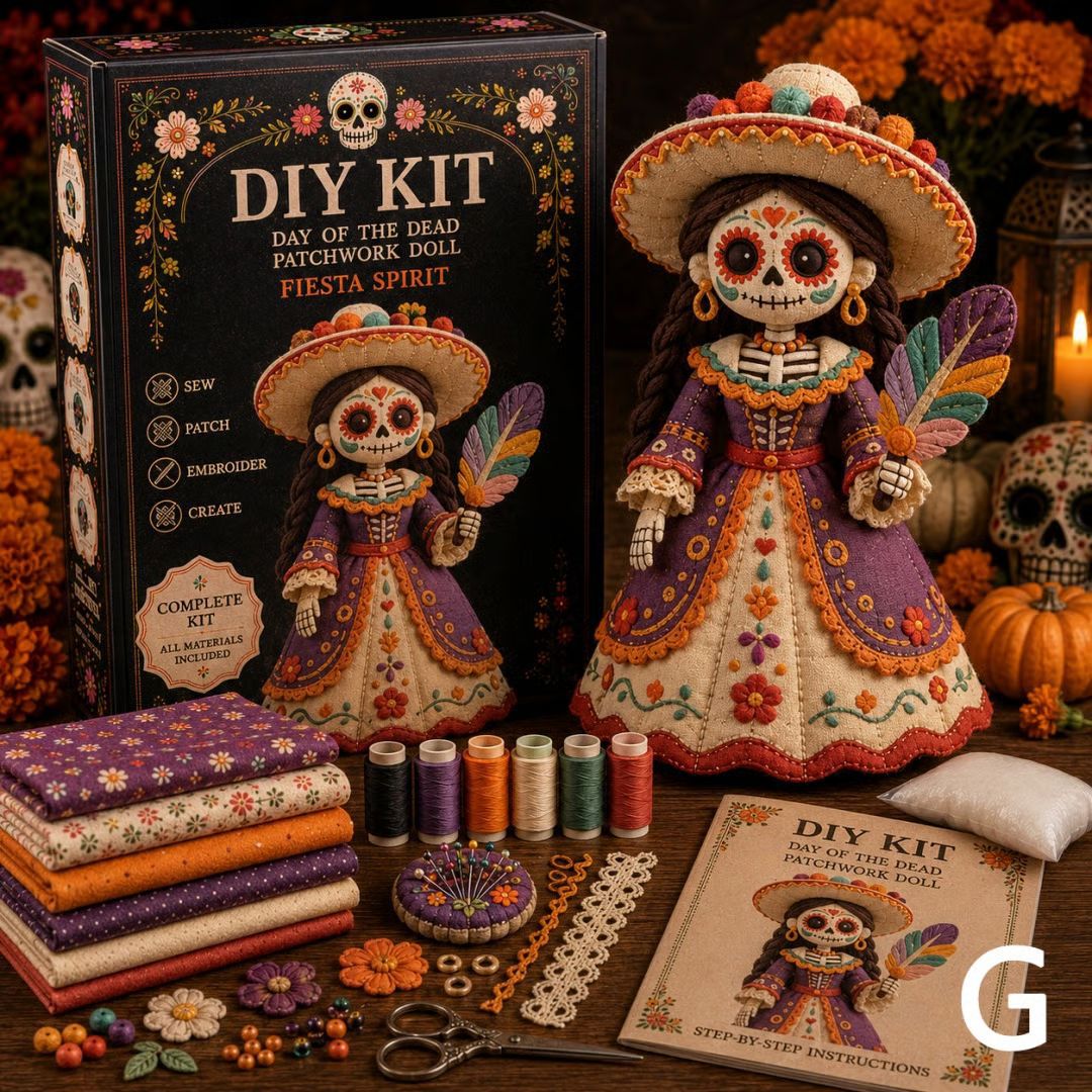 Day of the Dead Patchwork Doll DIY Sewing Kit – Handmade Fabric Doll Making Kit with Floral Details