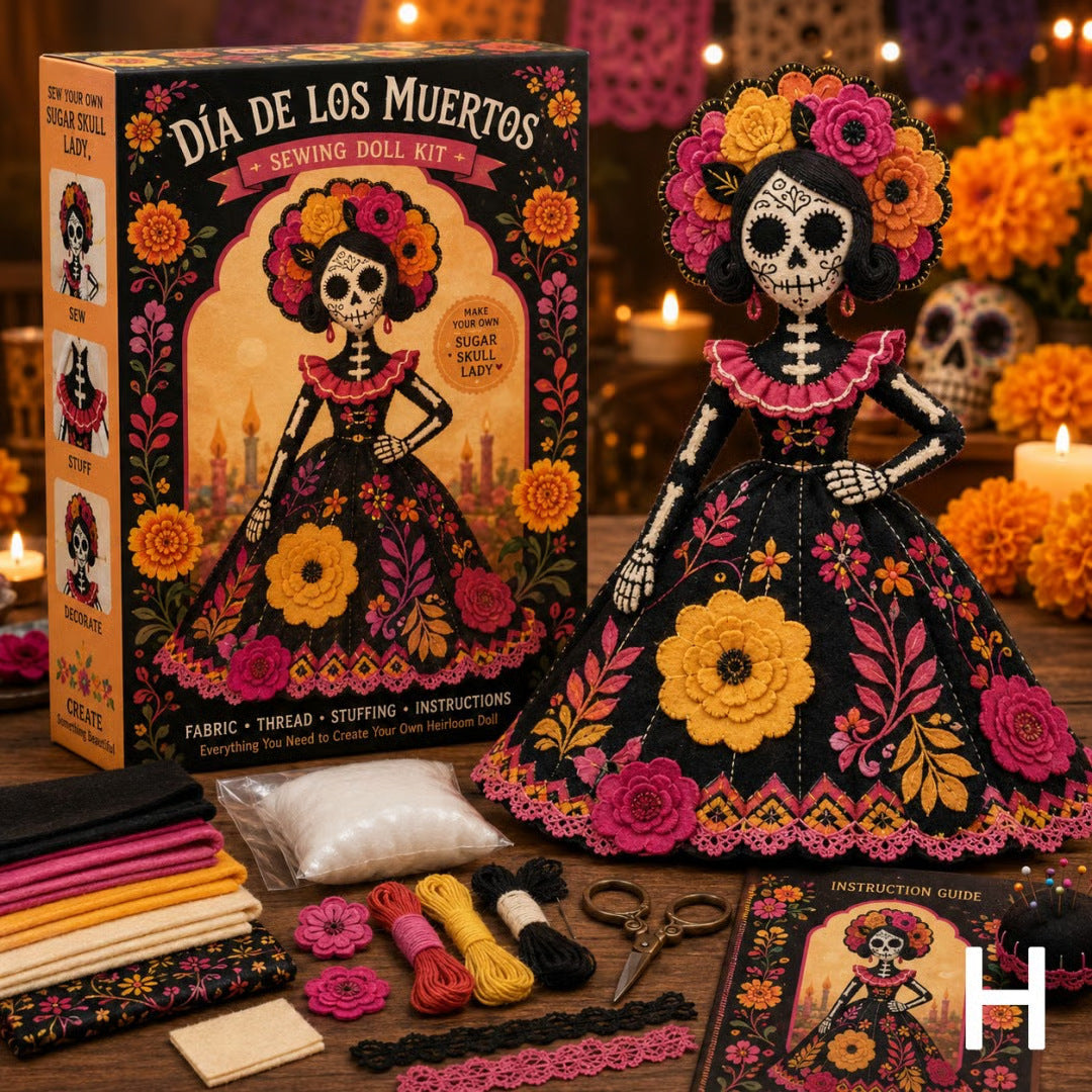 Day of the Dead Patchwork Doll DIY Sewing Kit – Handmade Fabric Doll Making Kit with Floral Details
