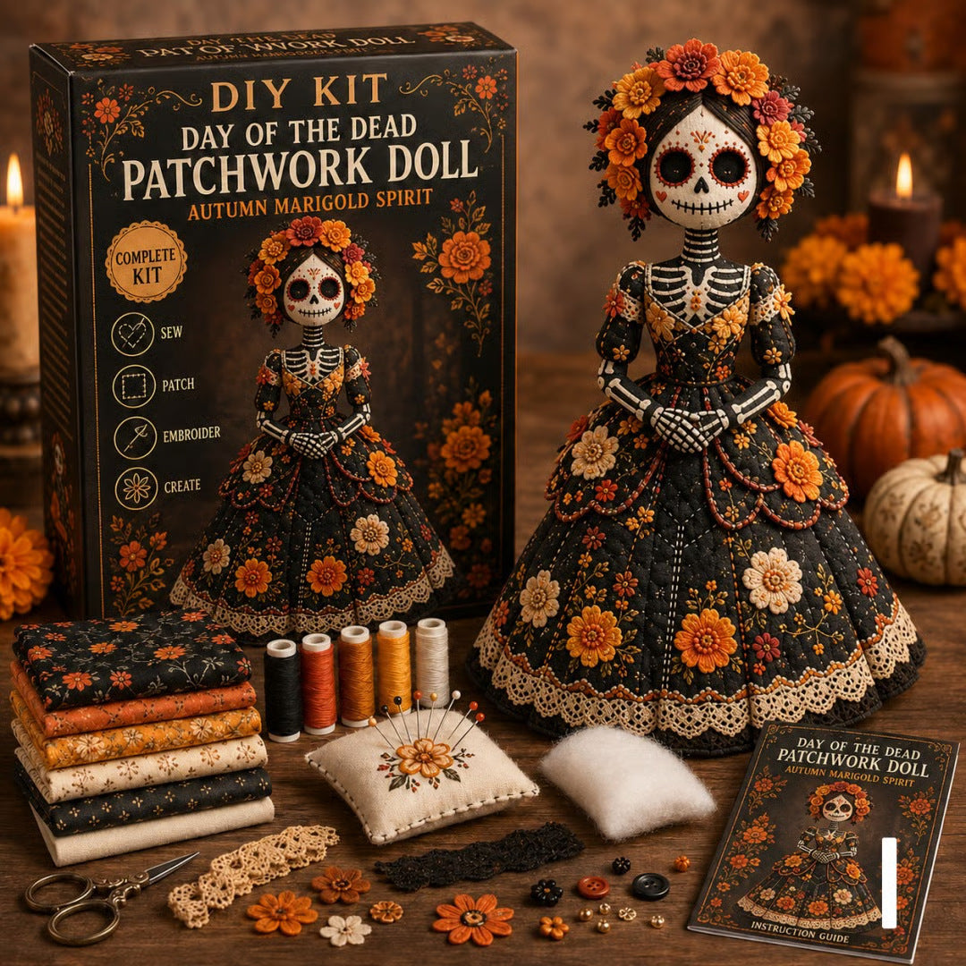 Day of the Dead Patchwork Doll DIY Sewing Kit – Handmade Fabric Doll Making Kit with Floral Details