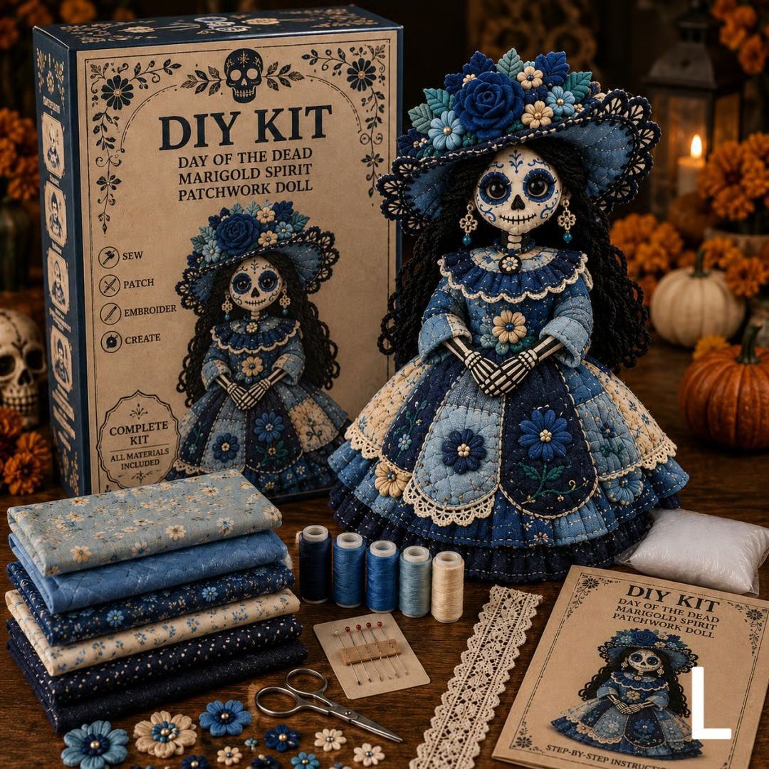 Day of the Dead Patchwork Doll DIY Sewing Kit – Handmade Fabric Doll Making Kit with Floral Details