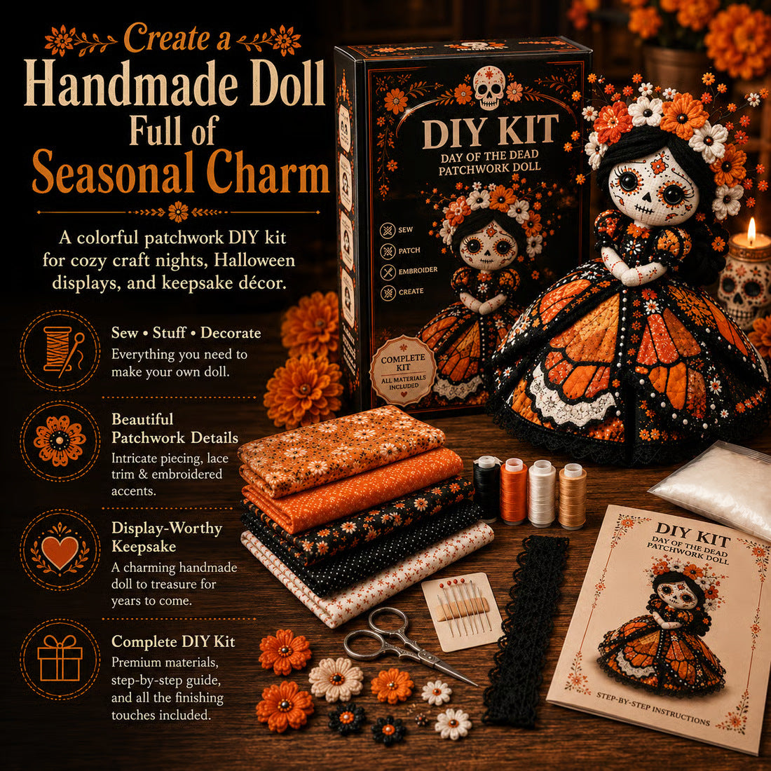 Day of the Dead Patchwork Doll DIY Sewing Kit – Handmade Fabric Doll Making Kit with Floral Details