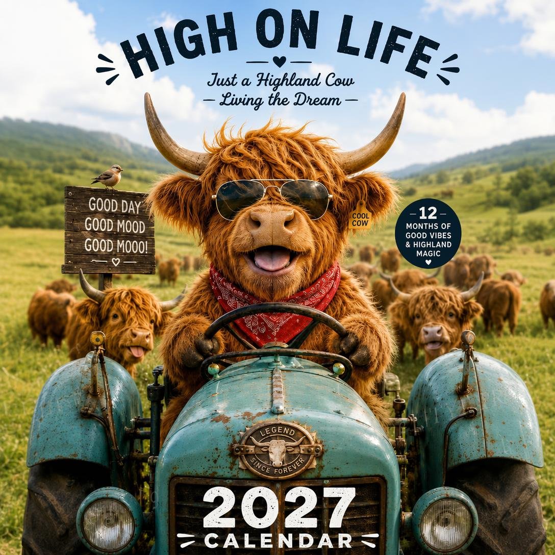 2027 Funny Highland Cow Wall Calendar | A4 Hanging Calendar