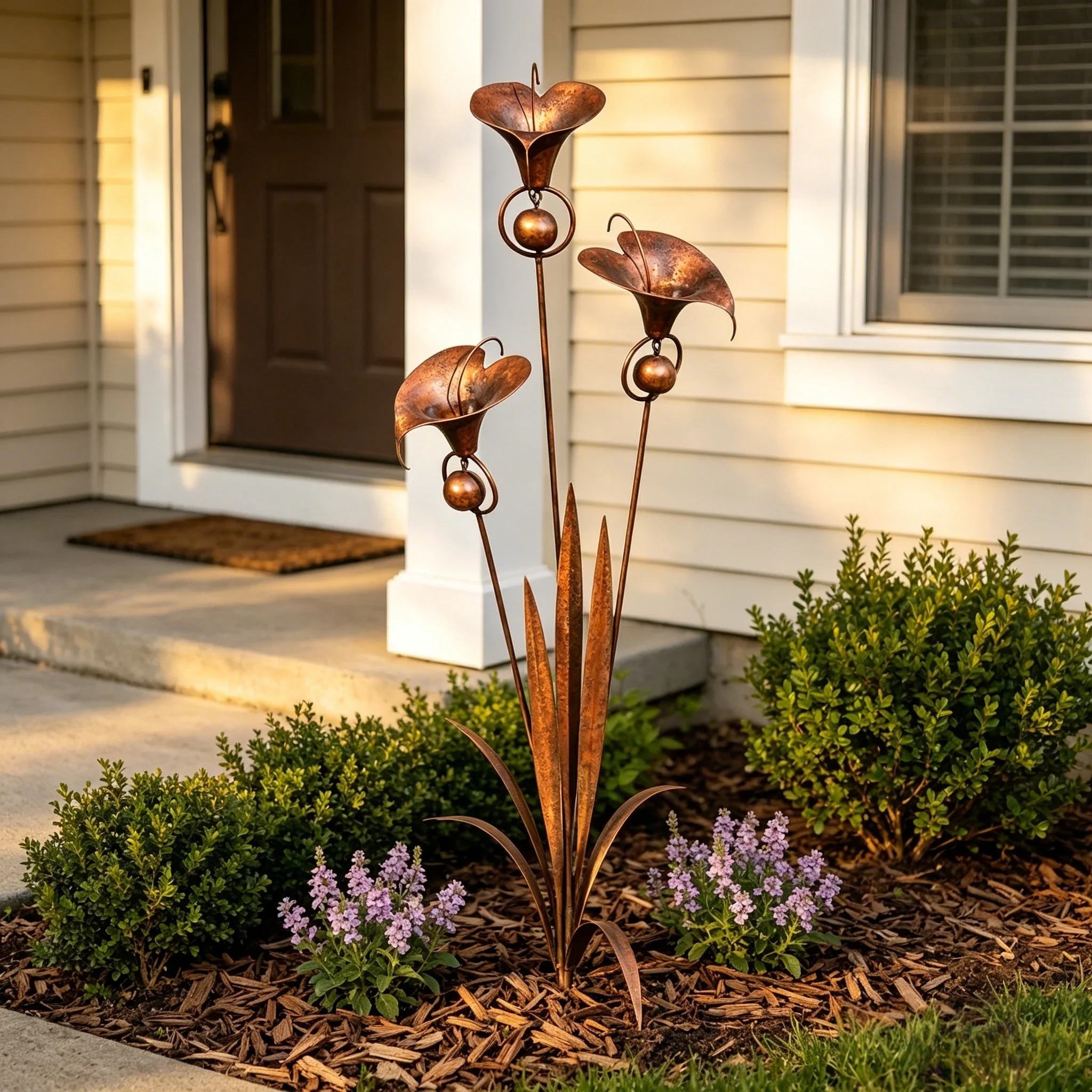 Flamed Copper Three Calla Lilies Garden Stake with Bells
