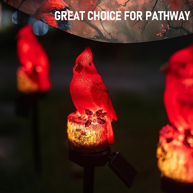 (2 Pack 22.5 in)Christmas Cardinal Solar Lights | Winter Garden Decor