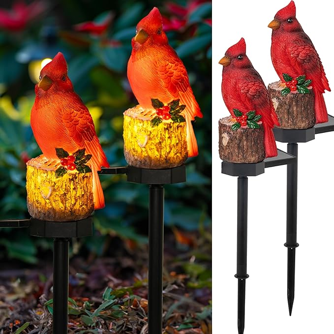 (2 Pack 22.5 in)Christmas Cardinal Solar Lights | Winter Garden Decor