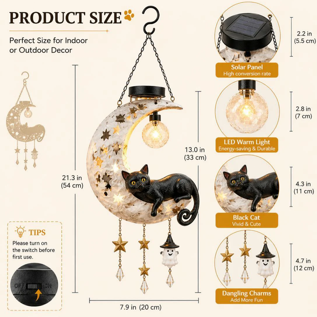 Solar-Powered Hanging Moon and Black Cat Wind Chime Lamp