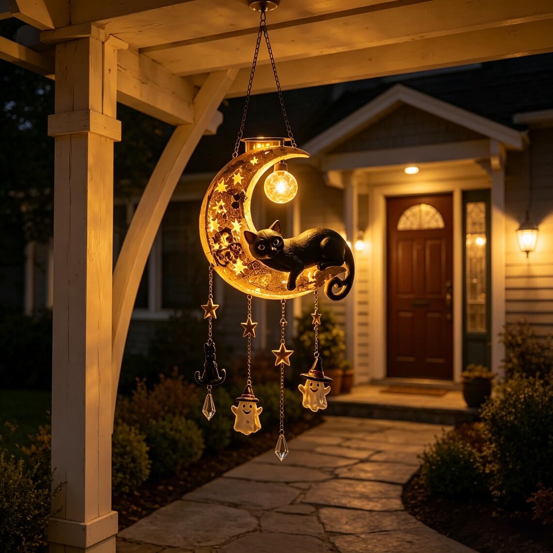 Solar-Powered Hanging Moon and Black Cat Wind Chime Lamp