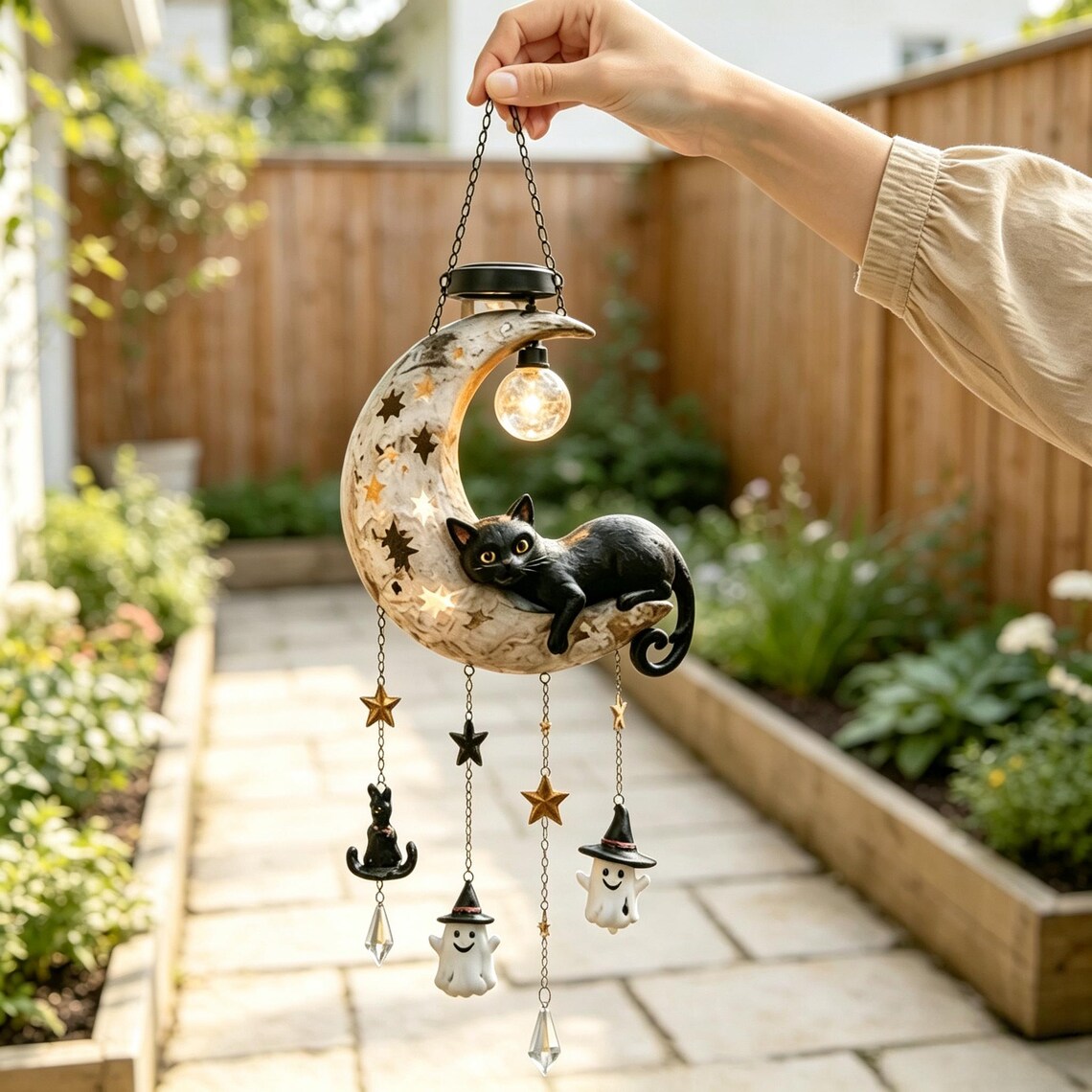 Solar-Powered Hanging Moon and Black Cat Wind Chime Lamp