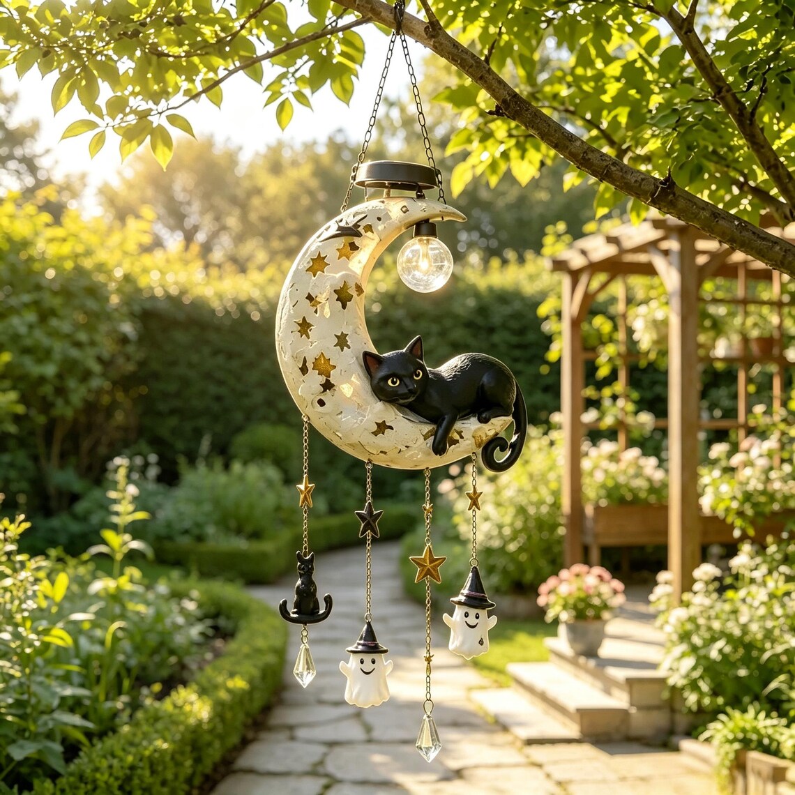 Solar-Powered Hanging Moon and Black Cat Wind Chime Lamp