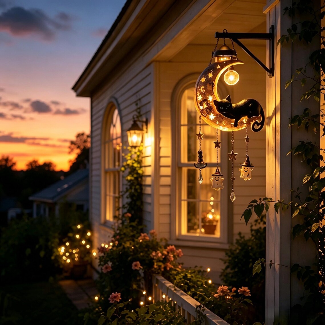 Solar-Powered Hanging Moon and Black Cat Wind Chime Lamp