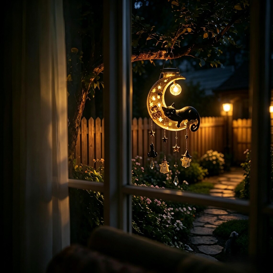 Solar-Powered Hanging Moon and Black Cat Wind Chime Lamp