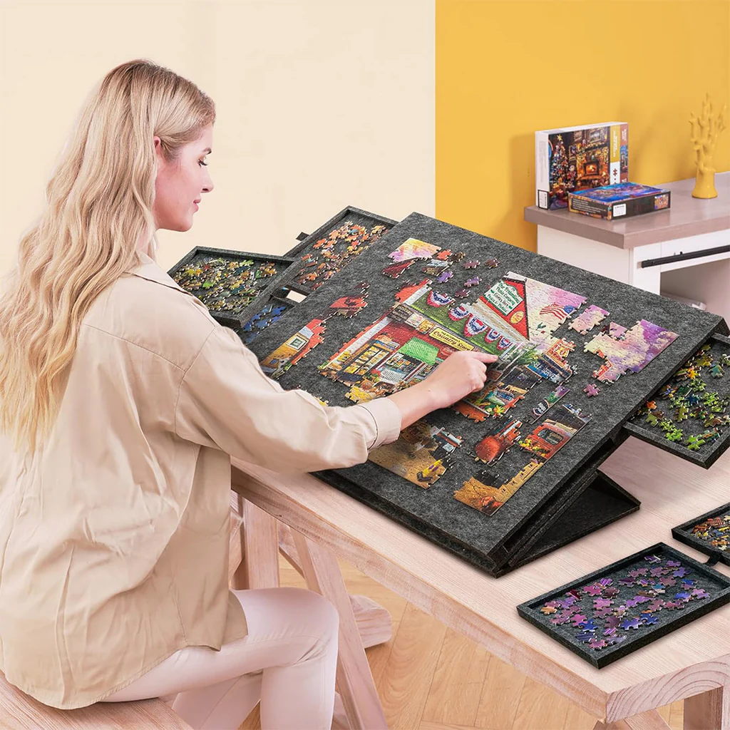 Felt Portable Tilting Puzzle Board with Drawers and Cover