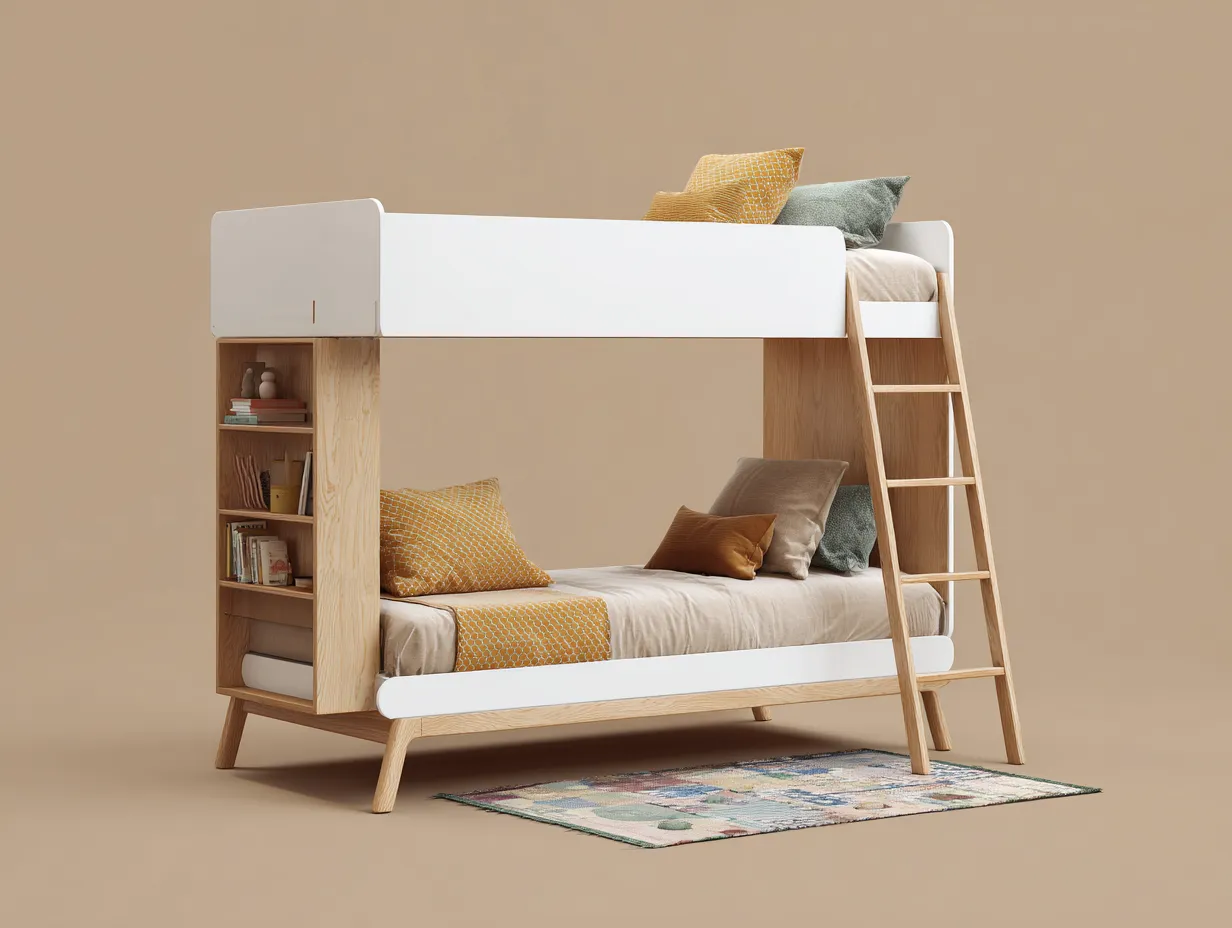 Etagenbett Holz 205x104x174 cm - Weiß und Naturholz - mit Leiter und Regalteil für Schlafzimmer