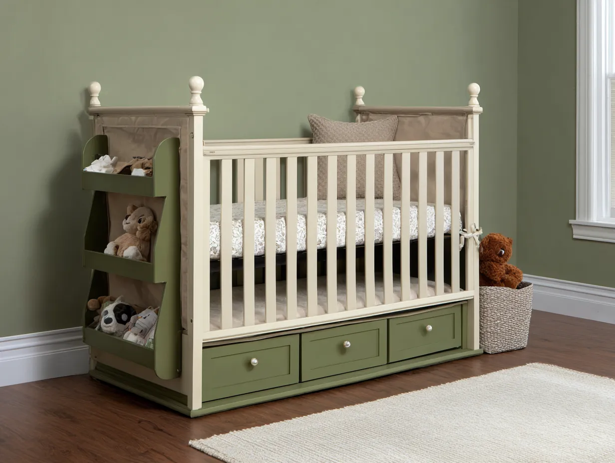 Kinderbett Holz 158x84x112 cm - Grün und Creme - Gitterbett mit 3 Schubladen für Schlafzimmer