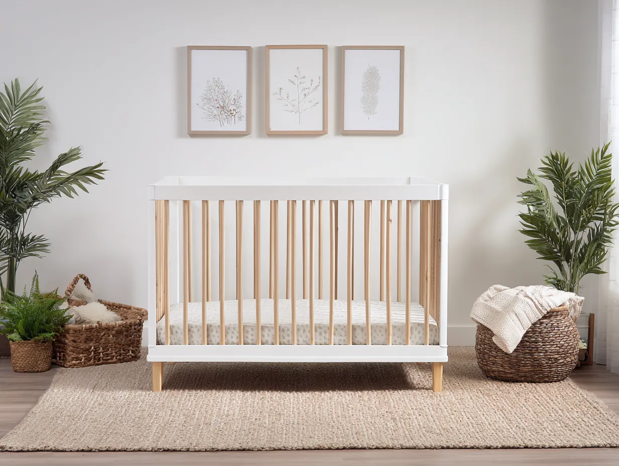 Kinderbett Holz 145x78x89 cm - Weiß und Natur - skandinavisches Gitterbett für Schlafzimmer