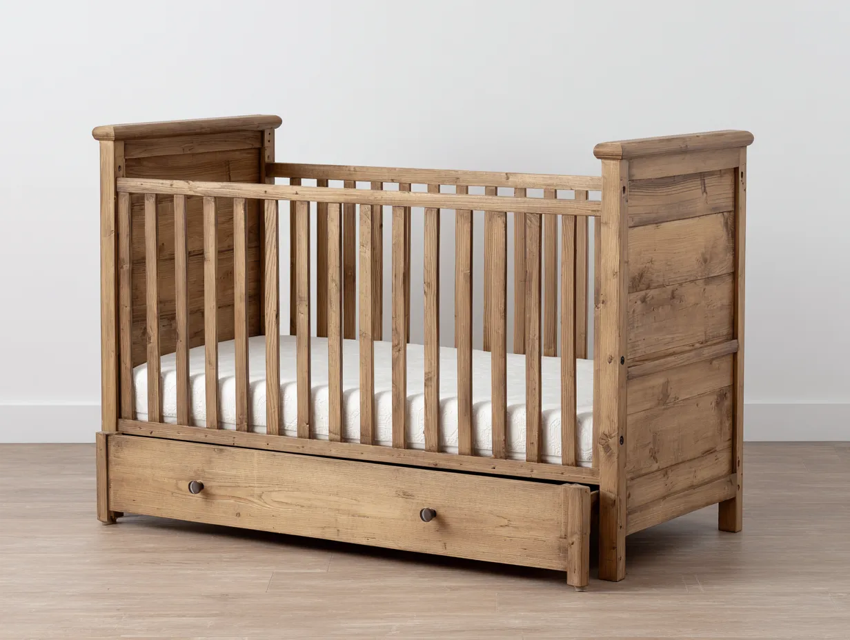Kinderbett Holz 155x83x105 cm - Natur - rustikales Gitterbett mit 1 Schublade für Schlafzimmer
