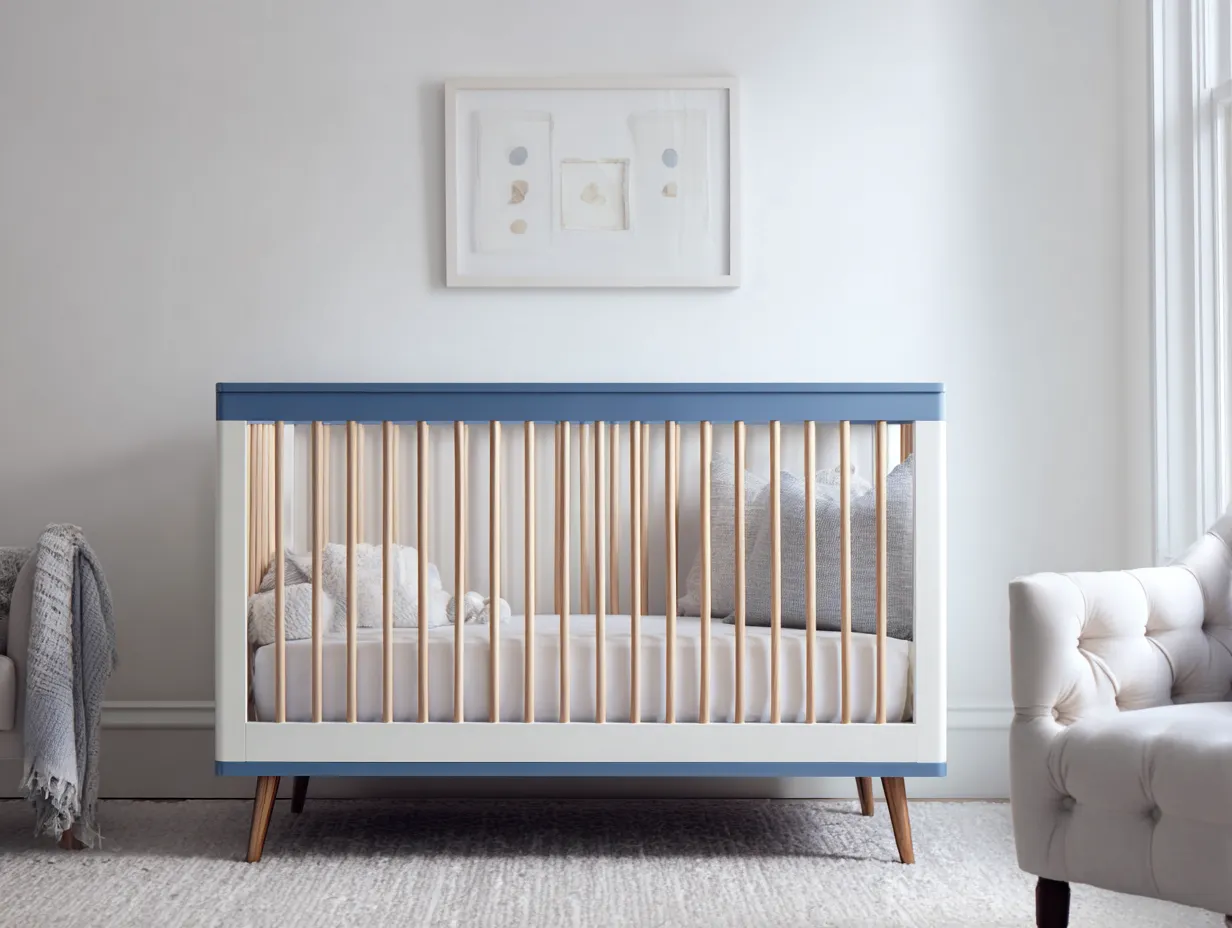 Kinderbett Holz 149x81x93 cm - Blau und Weiß und Natur - Gitterbett für Schlafzimmer