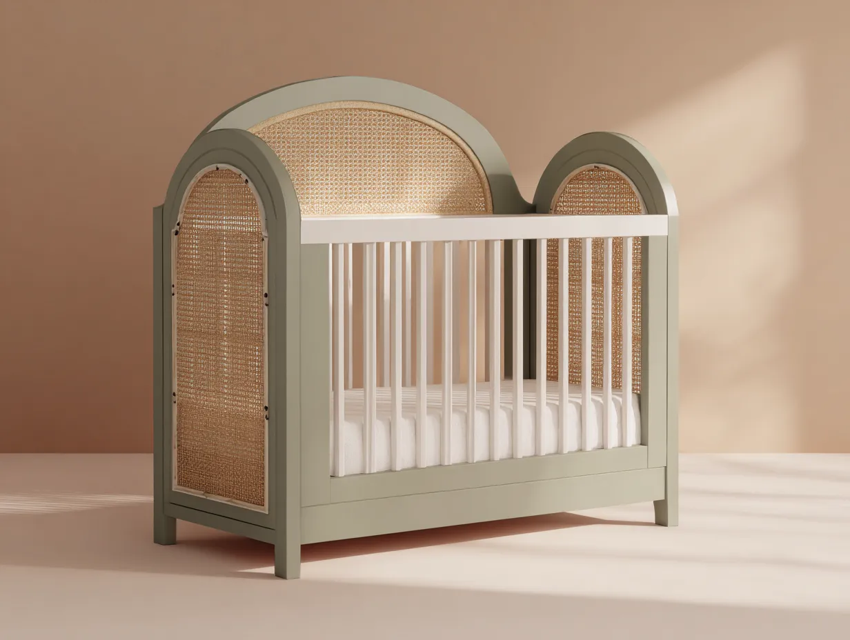 Kinderbett Holz Geflecht 154x86x112 cm - Salbeigrün und Natur und Weiß - Bogenform für Schlafzimmer