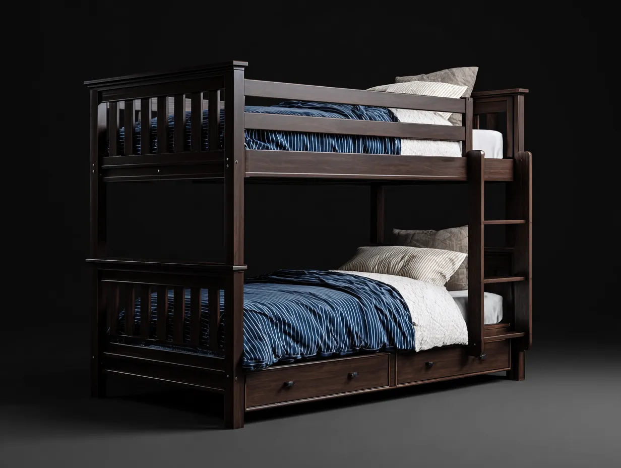 Etagenbett Holz 211x154x182 cm - Dunkelbraun - mit seitlicher Leiter und 3 Schubladen für Schlafzimmer