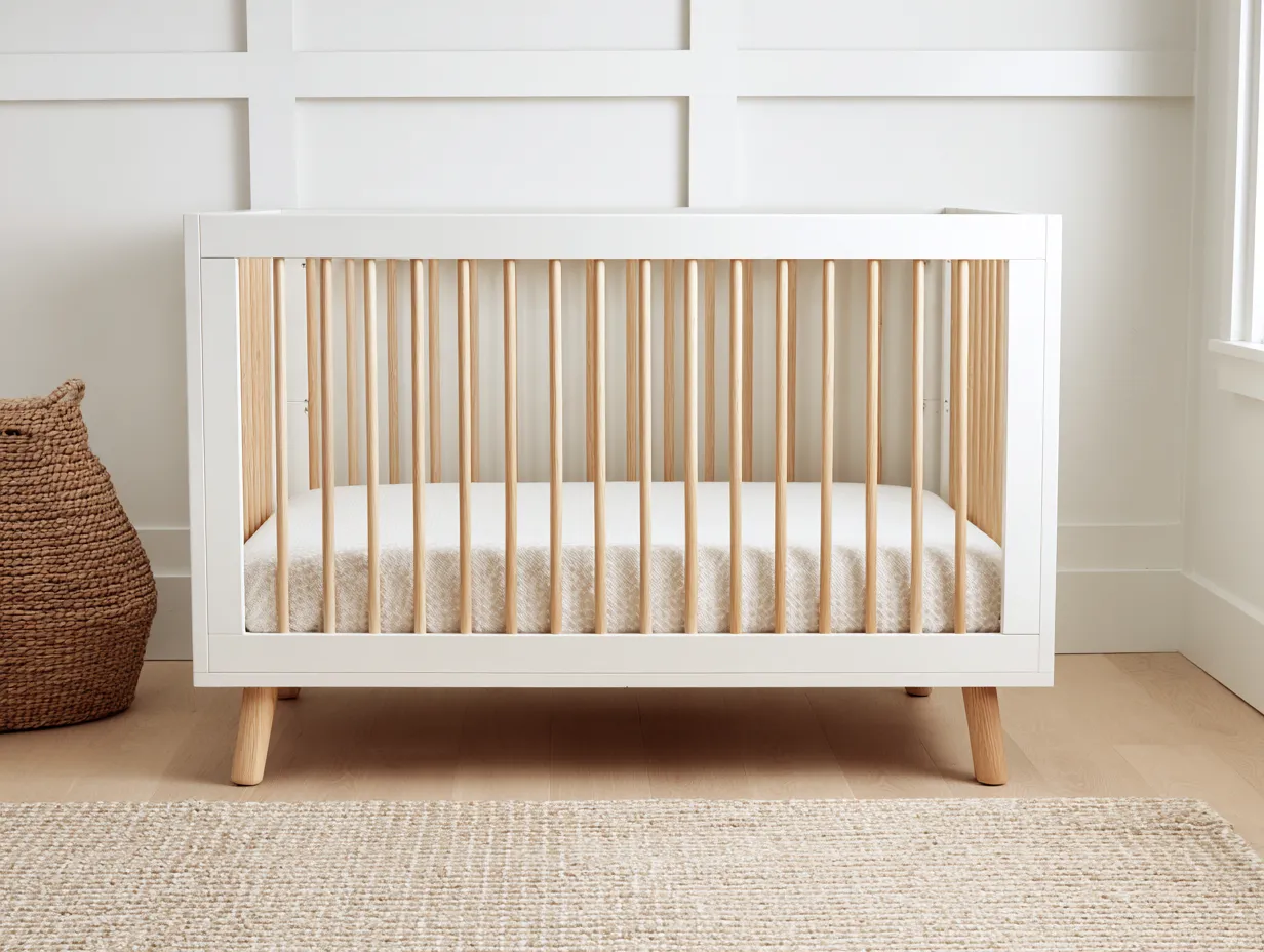 Kinderbett Holz 146x79x91 cm - Weiß und Natur - erhöhtes Gitterbett für Schlafzimmer