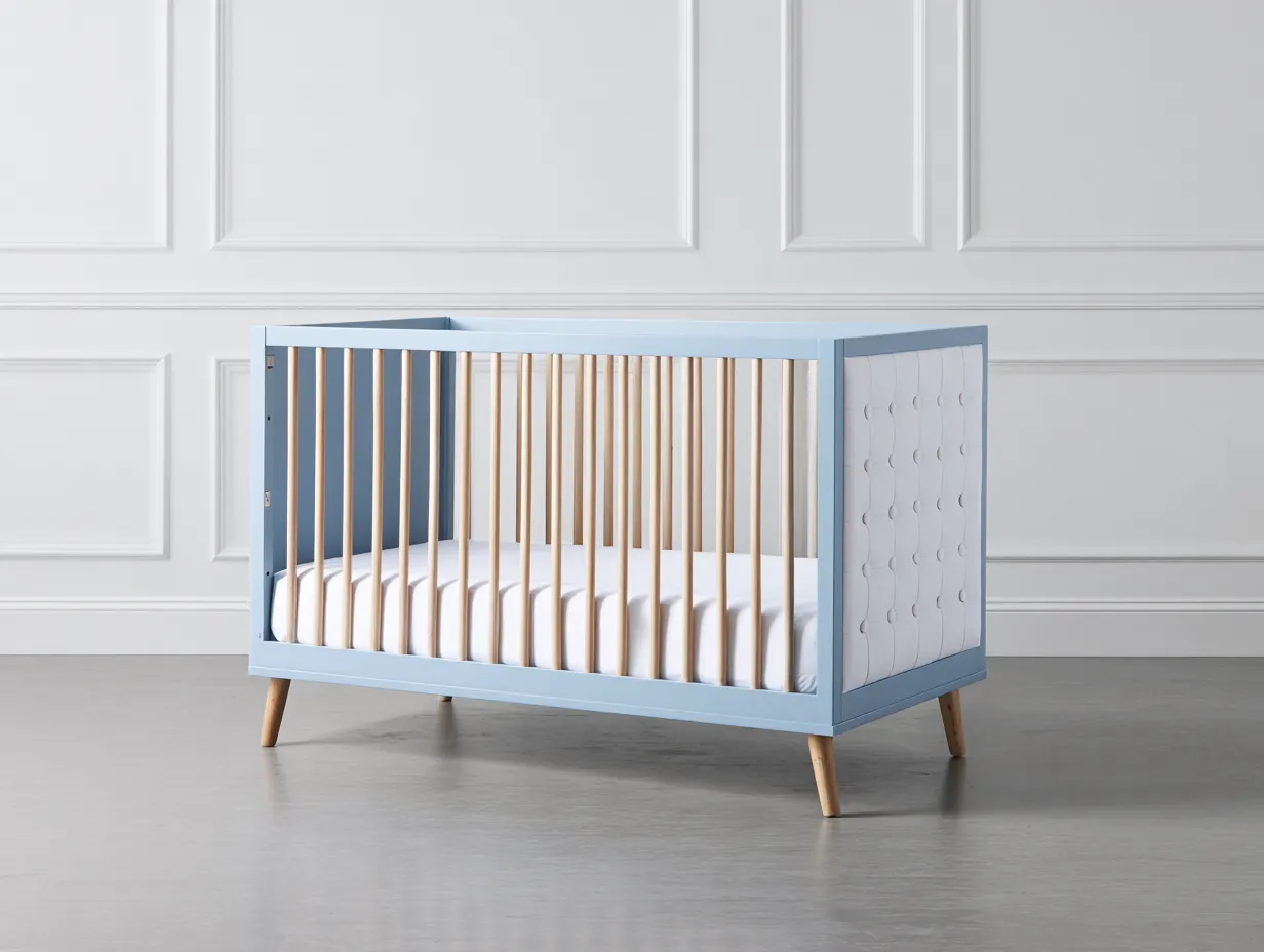 Kinderbett Holz 150x82x88 cm - Blau und Weiß und Natur - Gitterbett mit gepolsterter Seitenfläche