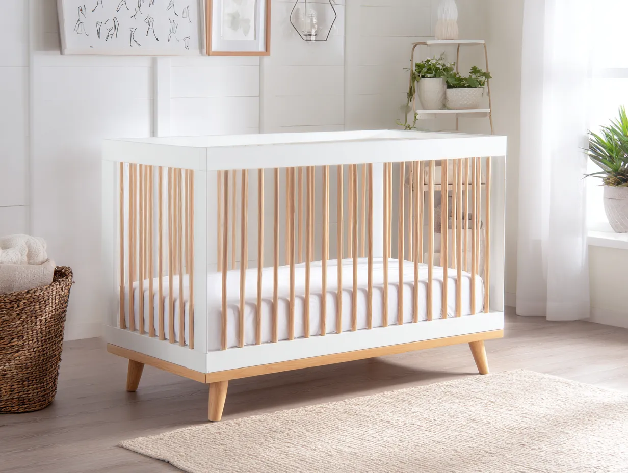 Kinderbett Holz 148x82x92 cm - Weiß und Natur - Gitterbett für Schlafzimmer