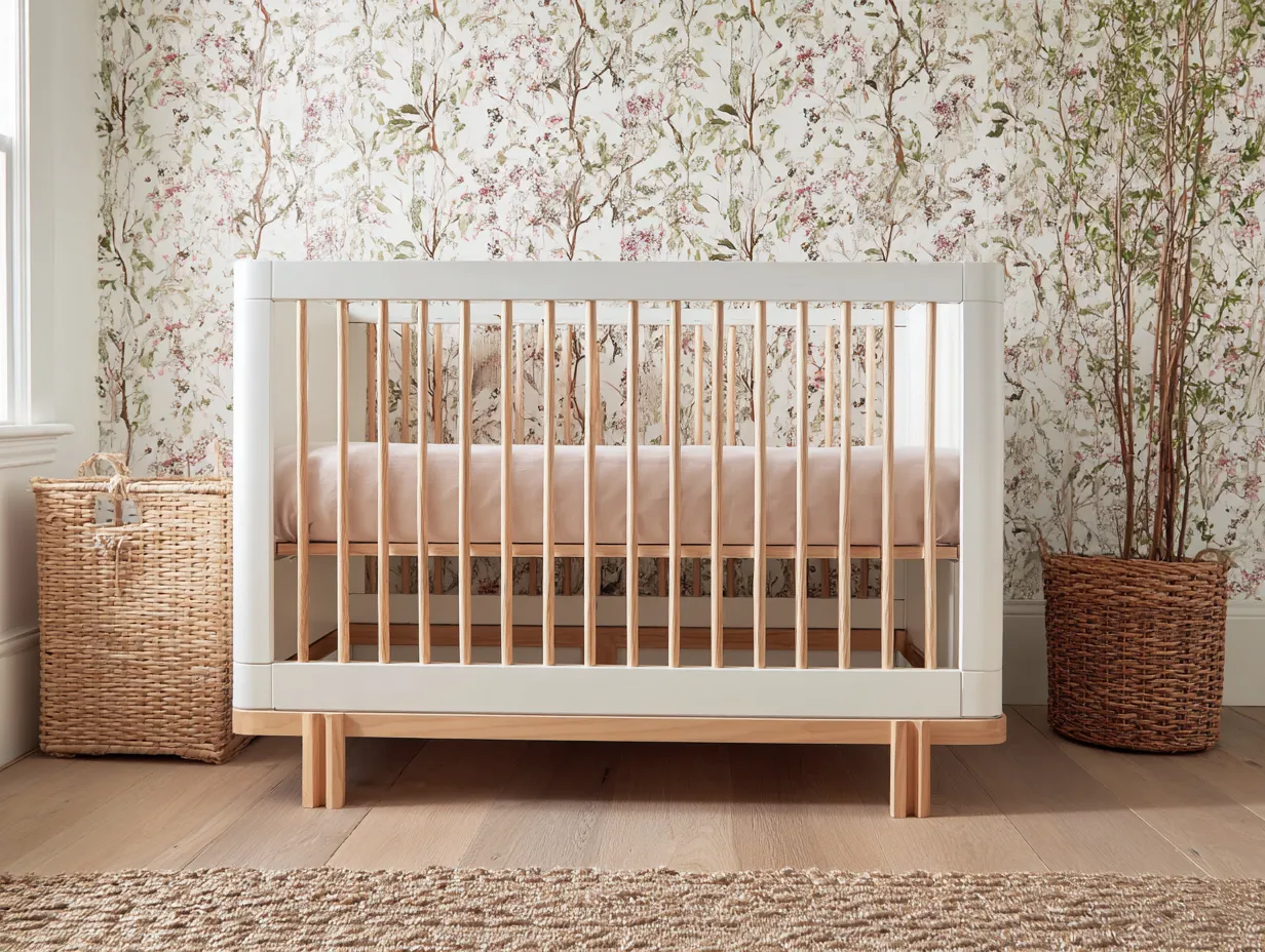 Kinderbett Holz 145x78x88 cm - Weiß und Natur - geradliniges Gitterbett für Schlafzimmer