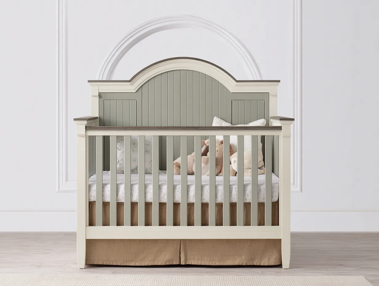 Kinderbett Holz 153x84x121 cm - Creme und Grün - Gitterbett mit Bogenkopfteil für Schlafzimmer