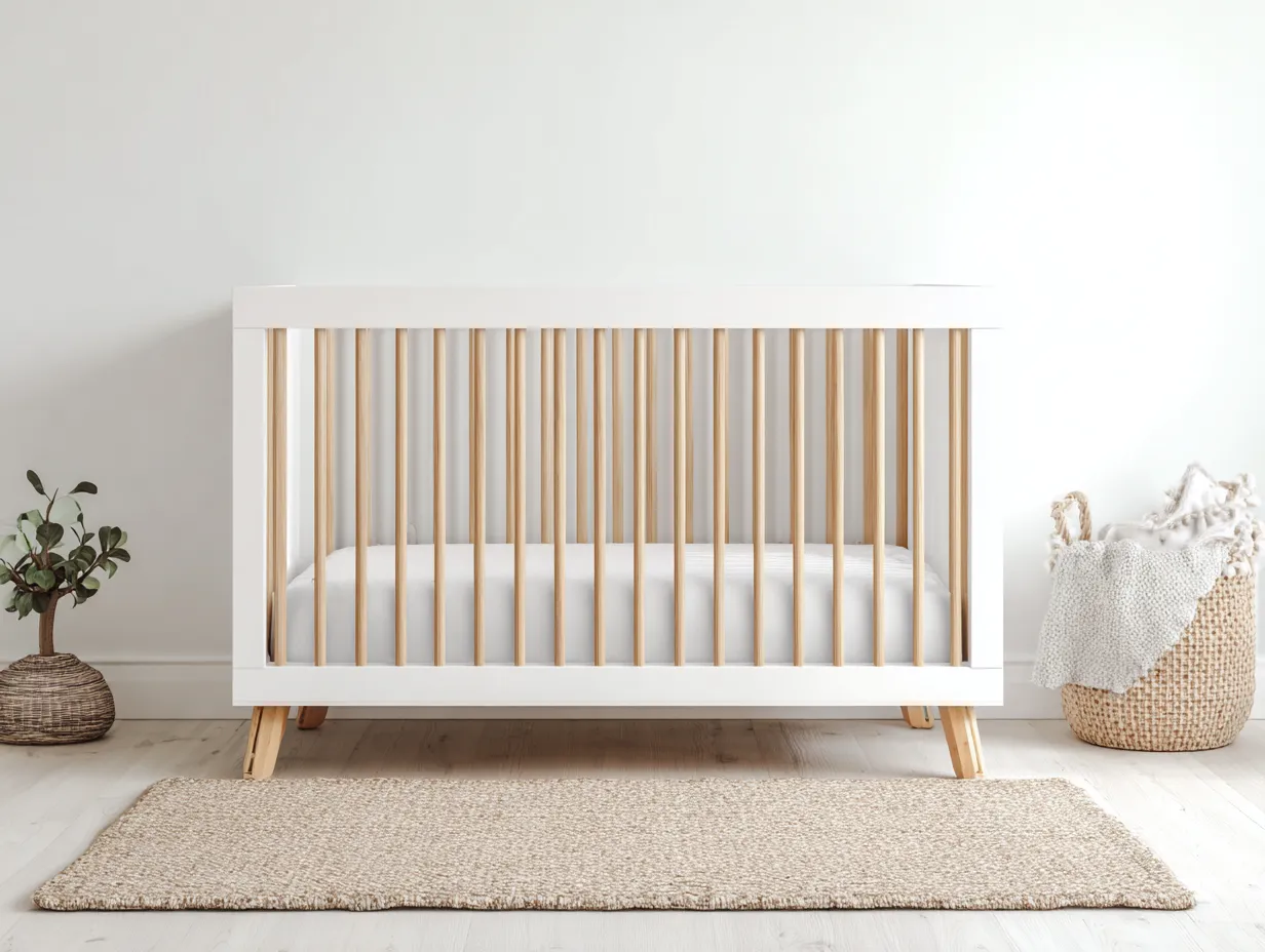 Kinderbett Holz 142x76x88 cm - Weiß und Natur - schlichtes Gitterbett für Schlafzimmer