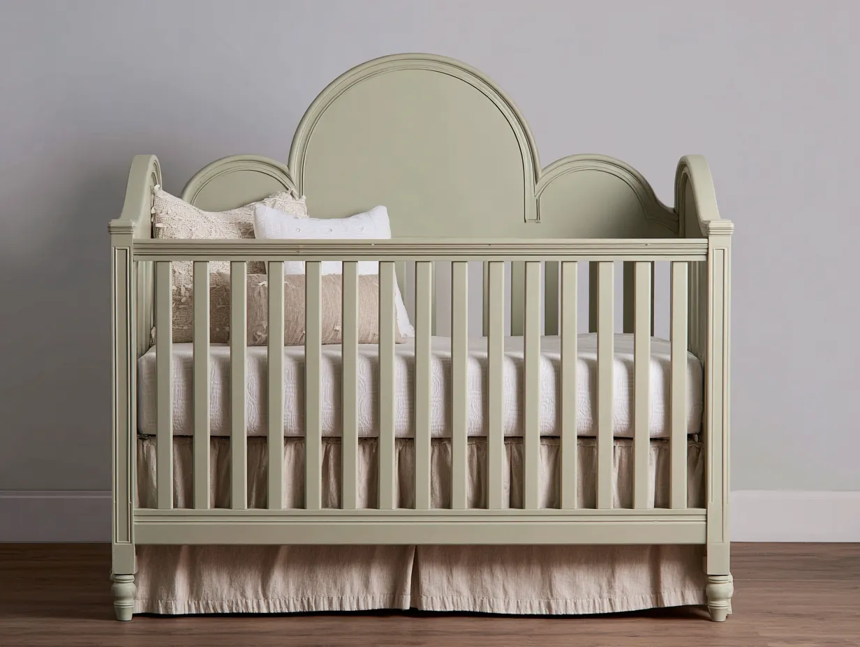 Kinderbett Holz 152x84x118 cm - Salbeigrün und Creme - klassisches Gitterbett mit Bogenkopfteil