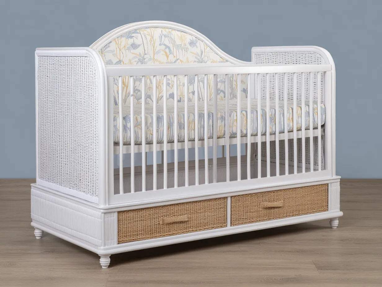 Kinderbett Holz Geflecht 164x88x116 cm - Weiß und Natur - mit 2 Schubladen für Schlafzimmer