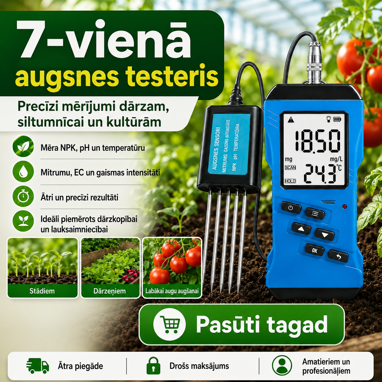 Digitāls 7-in-1 augsnes testeris, kas var mērīt slāpekli, fosforu, kāliju, NPK, pH līmeni, mitrumu, barības vielu saturu, elektrovadītspēju un EC vērtību. Paredzēts augsnes auglības pārbaudei un piemērots izmantošanai dārzkopībā, lauksaimniecībā un dažādo