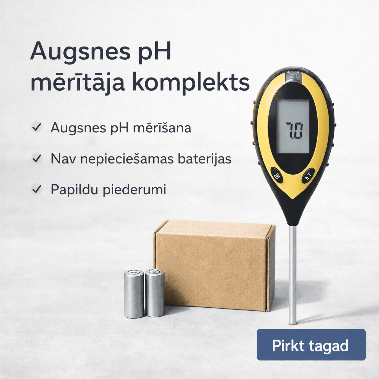 Digitāls 7-in-1 augsnes testeris, kas var mērīt slāpekli, fosforu, kāliju, NPK, pH līmeni, mitrumu, barības vielu saturu, elektrovadītspēju un EC vērtību. Paredzēts augsnes auglības pārbaudei un piemērots izmantošanai dārzkopībā, lauksaimniecībā un dažādo