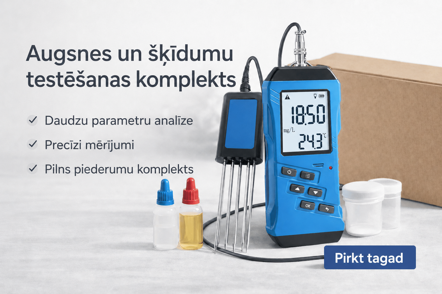 Digitāls 7-in-1 augsnes testeris, kas var mērīt slāpekli, fosforu, kāliju, NPK, pH līmeni, mitrumu, barības vielu saturu, elektrovadītspēju un EC vērtību. Paredzēts augsnes auglības pārbaudei un piemērots izmantošanai dārzkopībā, lauksaimniecībā un dažādo