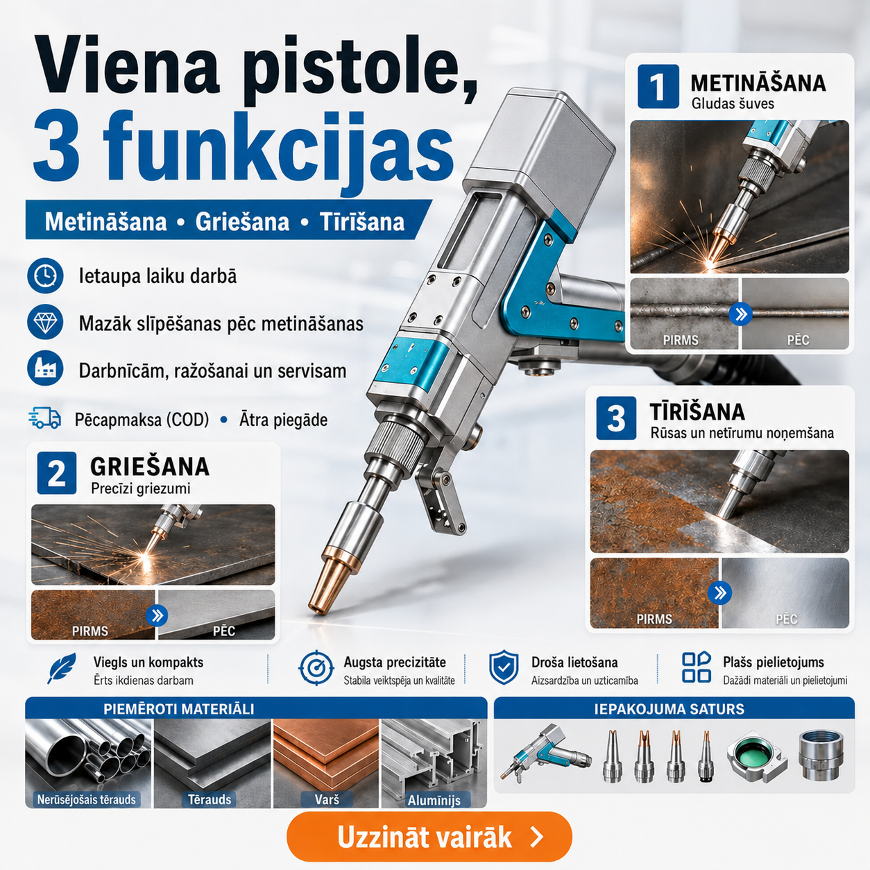 Profesionāla 4-in-1 rokas lāzera metināšanas iekārta metālam