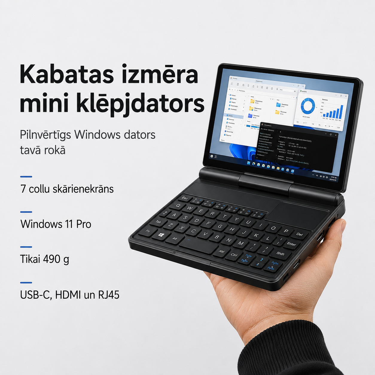 Kabatas izmēra mini klēpjdators ar Windows 11 Pro un 7 collu skārienekrānu
