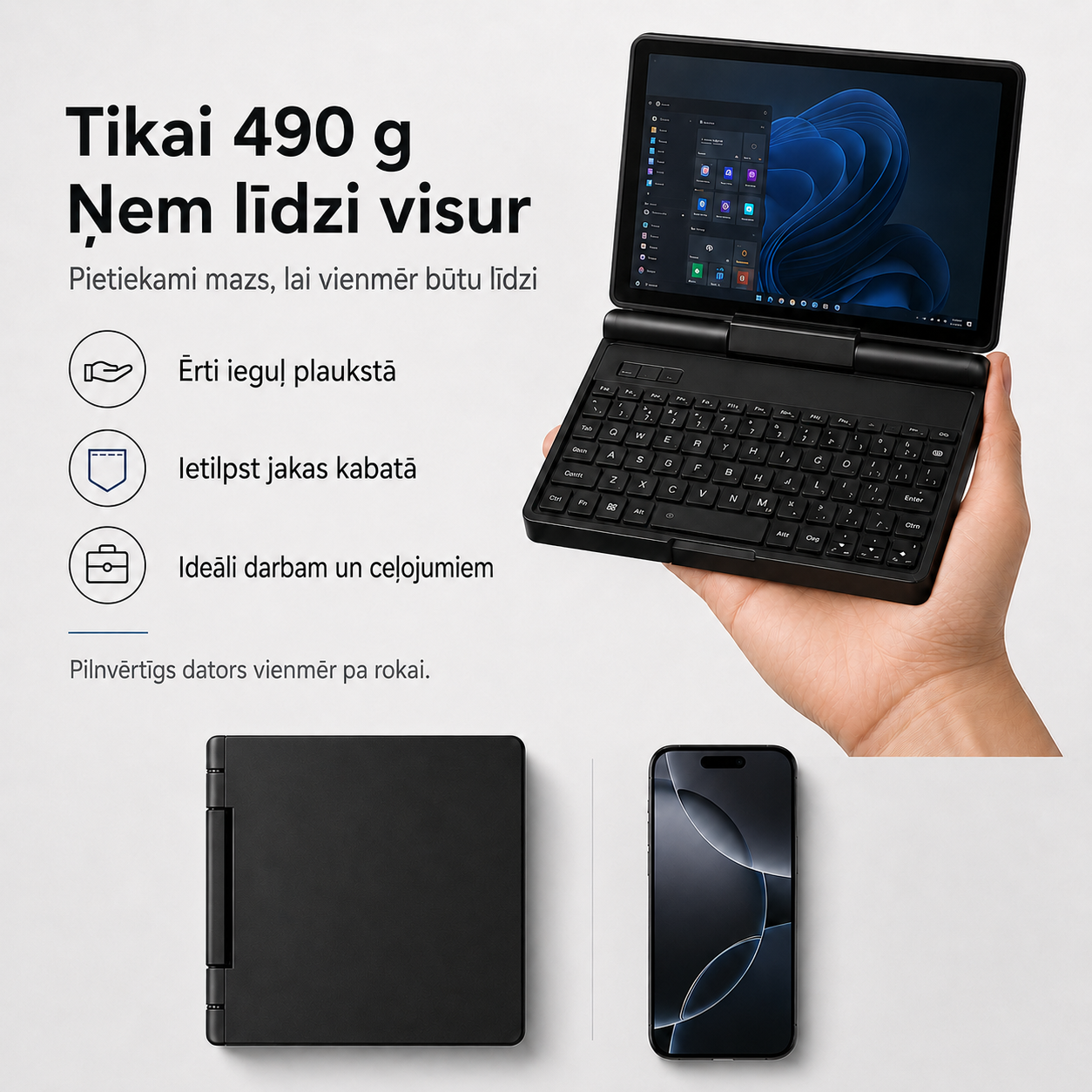 Kabatas izmēra mini klēpjdators ar Windows 11 Pro un 7 collu skārienekrānu
