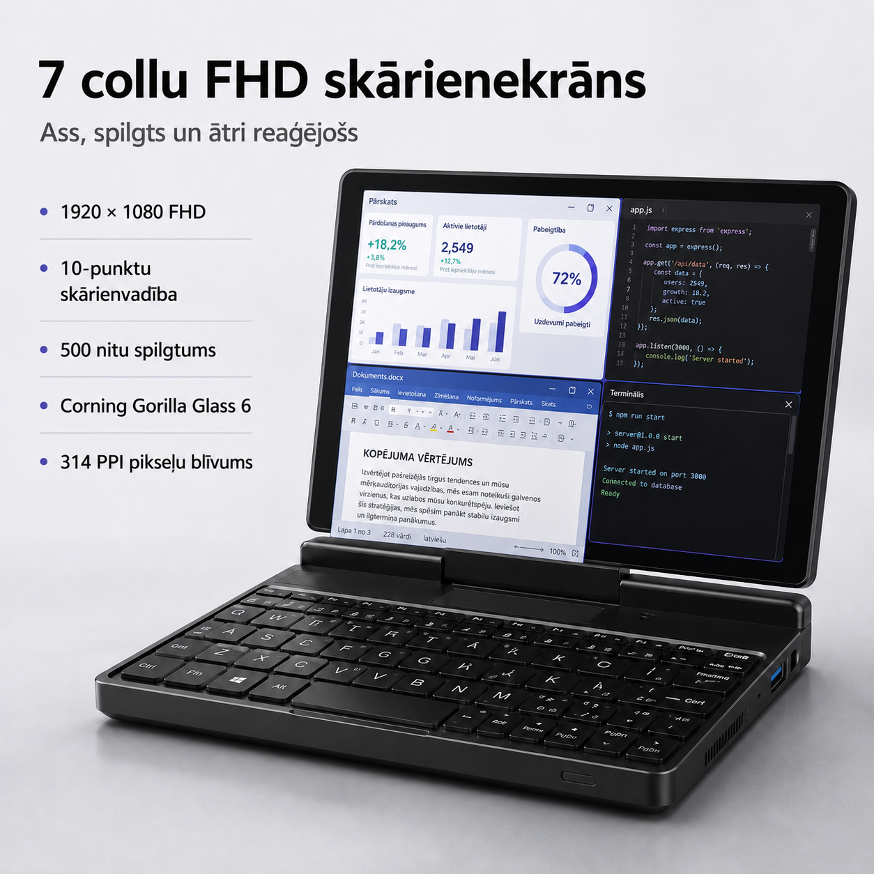 Kabatas izmēra mini klēpjdators ar Windows 11 Pro un 7 collu skārienekrānu