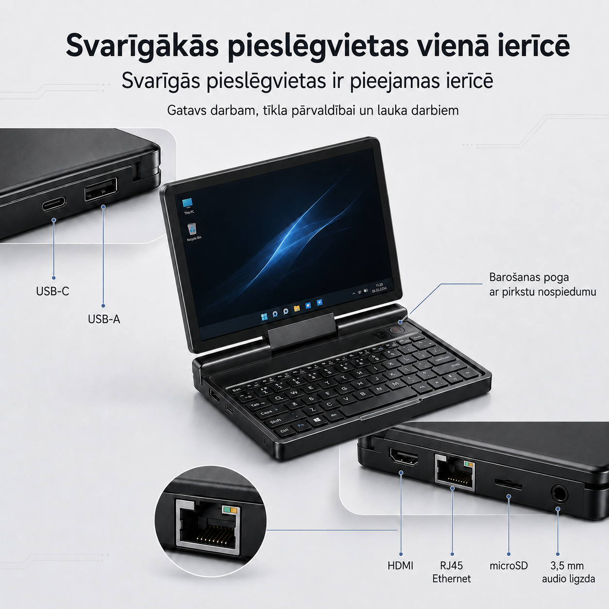 Kabatas izmēra mini klēpjdators ar Windows 11 Pro un 7 collu skārienekrānu